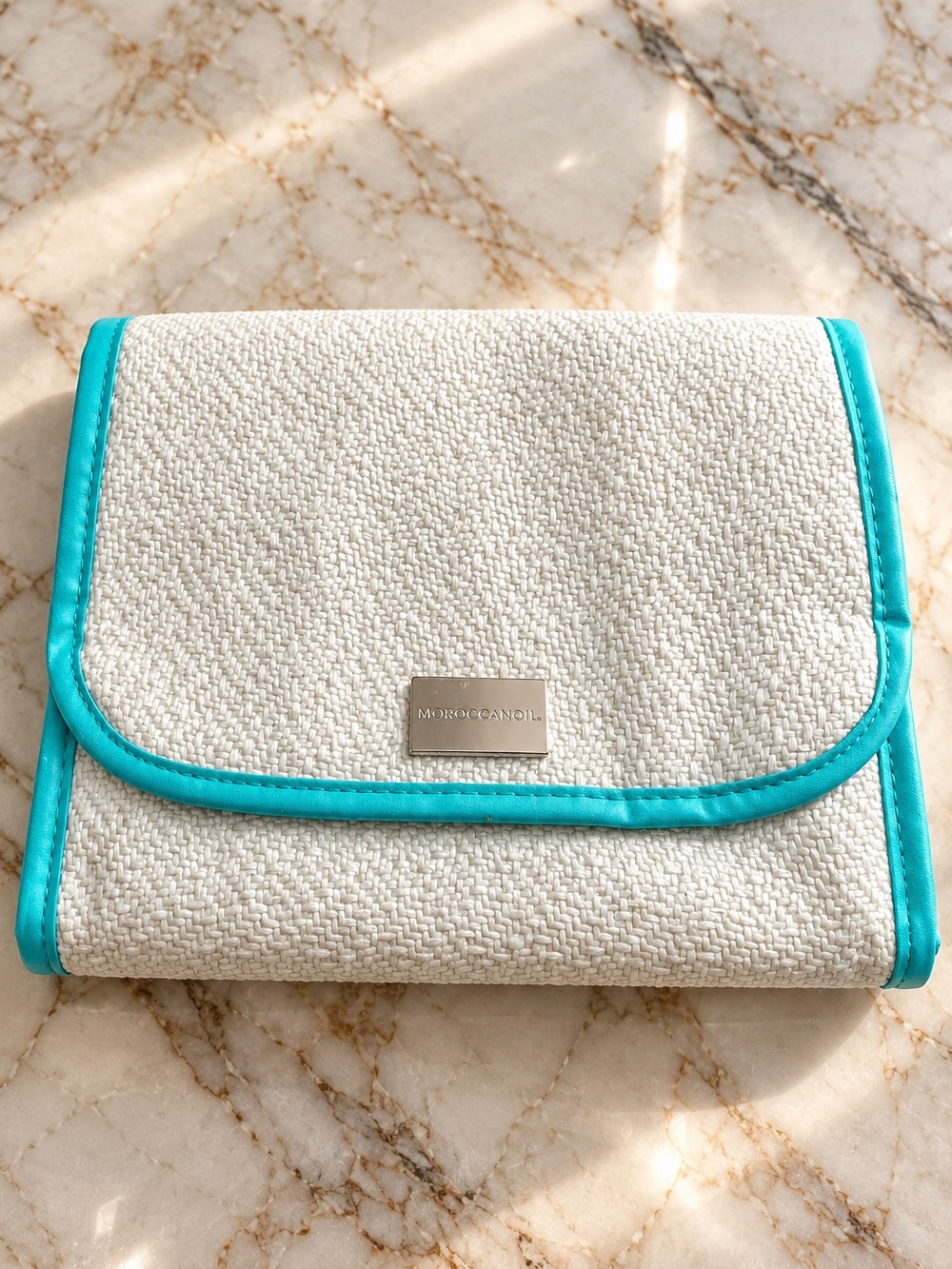 Moroccanoil Cosmetic Makeup Travel Bag White & Turquoise Pre-Owned